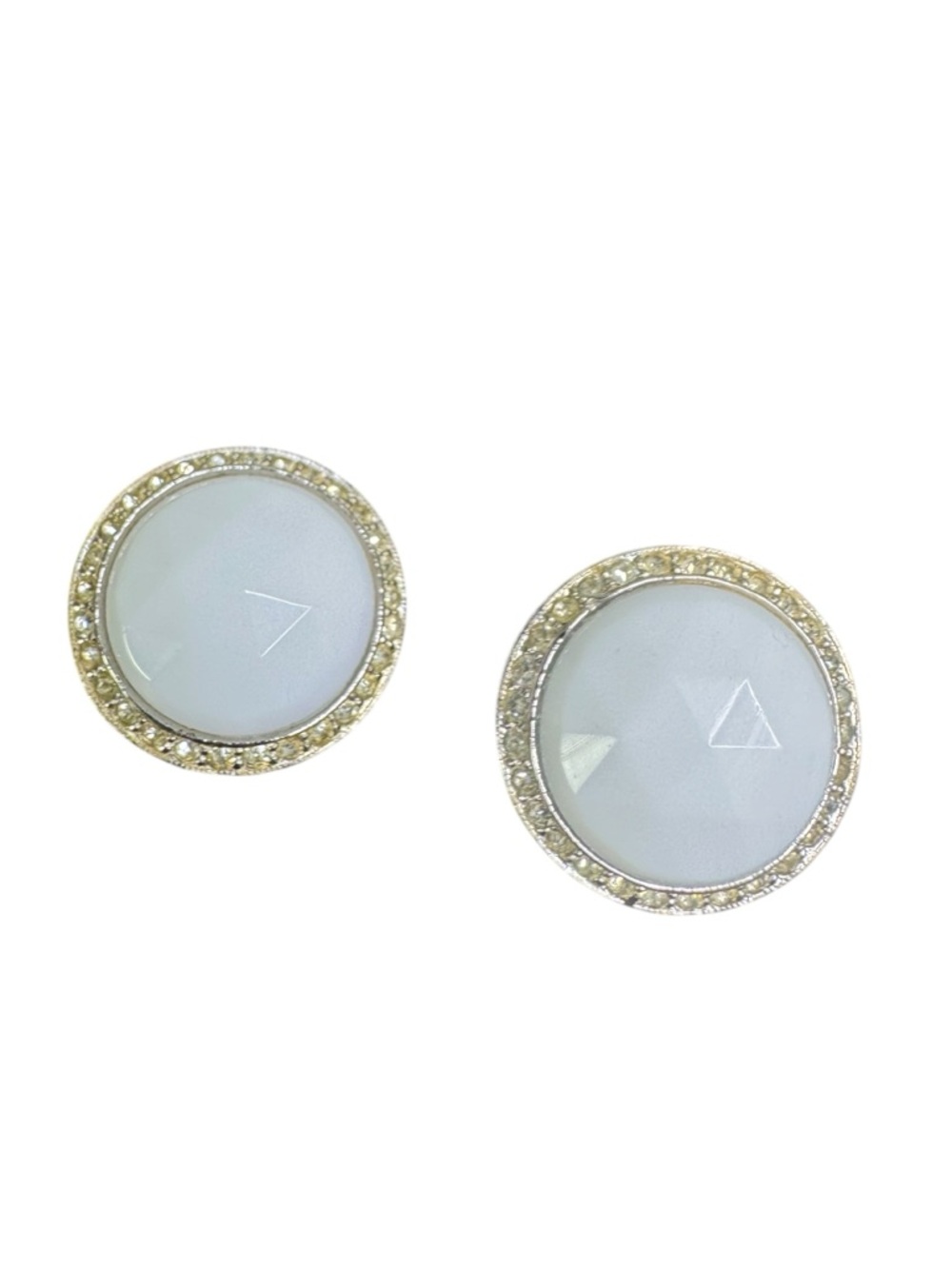 Vintage Bergere Gold-Trim White Glass Round Clip On Earrings